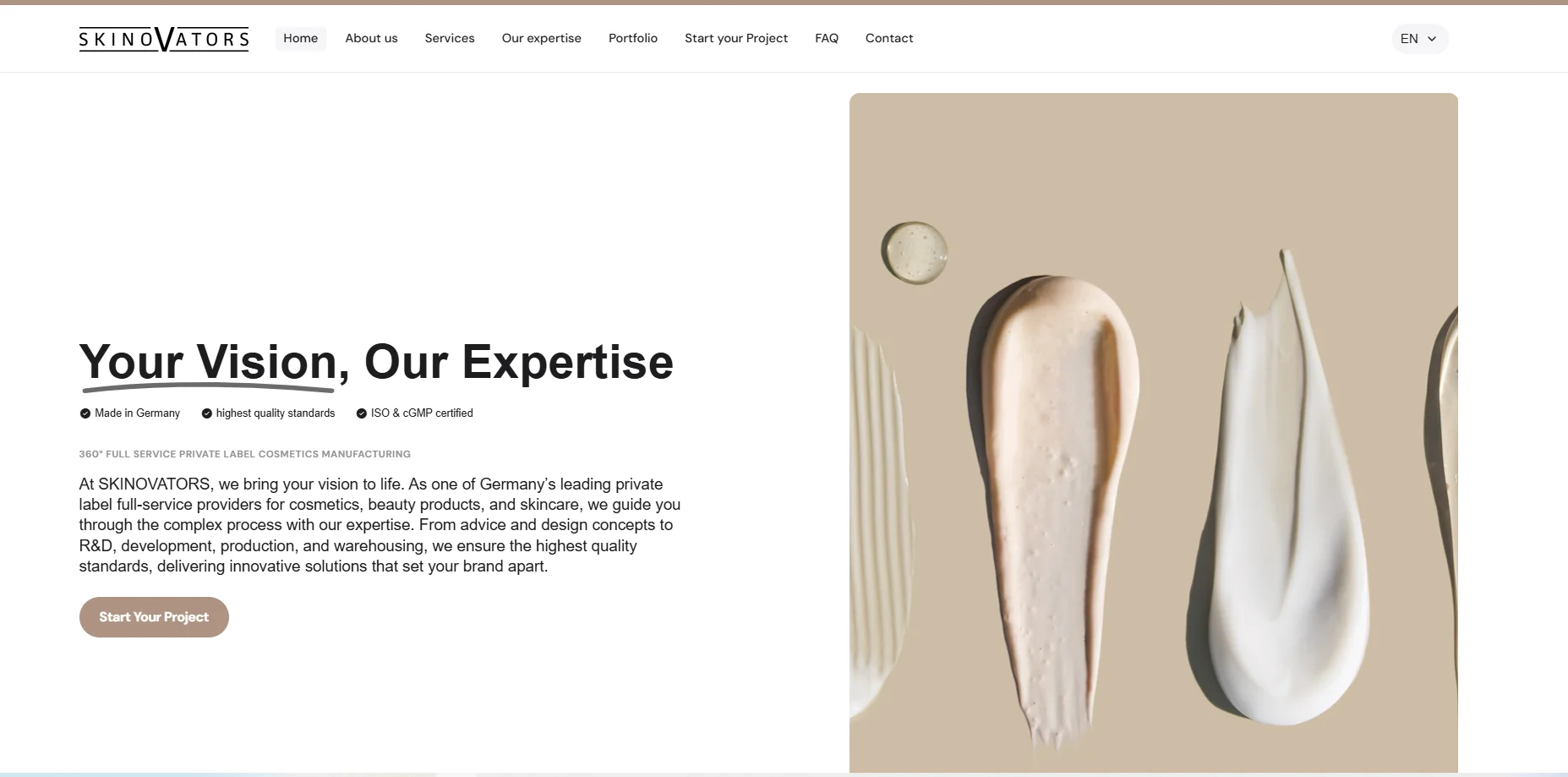 Skinovators webpage showcasing cosmetics expertise and product textures with a description of their services and a call to action button.